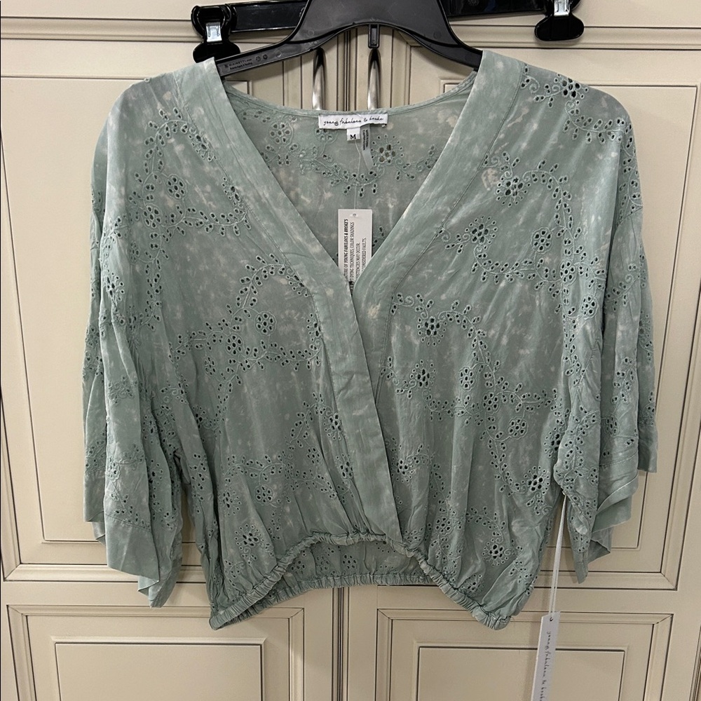 Young Fabulous & Broke Sage Eyelet Cropped Blouse NWT